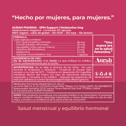 Información de fórmula y beneficios del suplemento SPM Balance Menstrual de Aurah Pharma para apoyo hormonal femenino