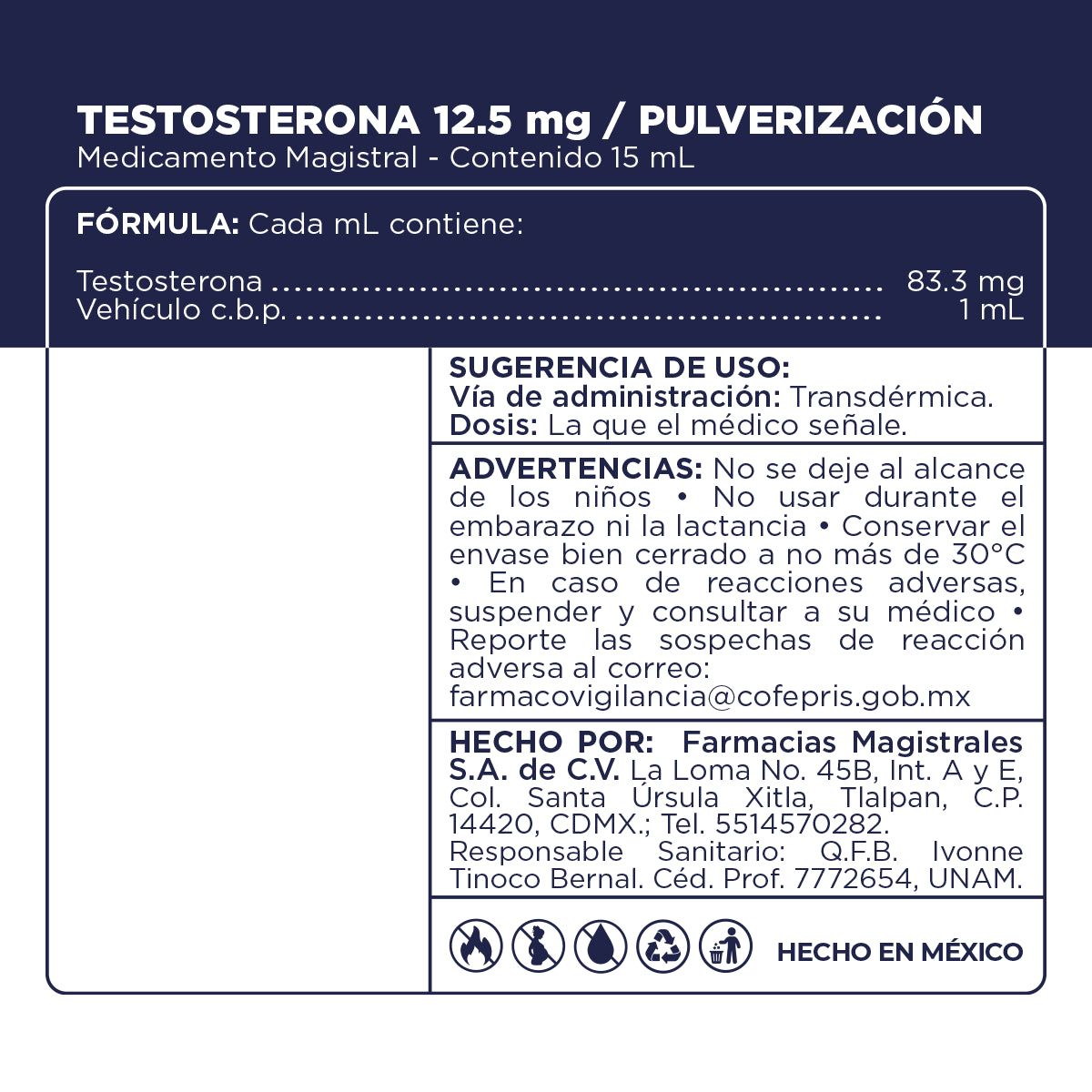 Testosterona 12.5 mg/pulverización – Medicamento Magistral – 15 mL