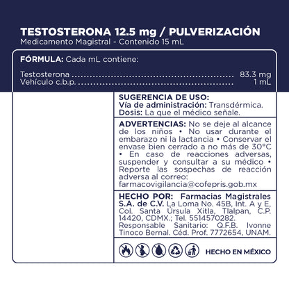 Testosterona 12.5 mg/pulverización – Medicamento Magistral – 15 mL