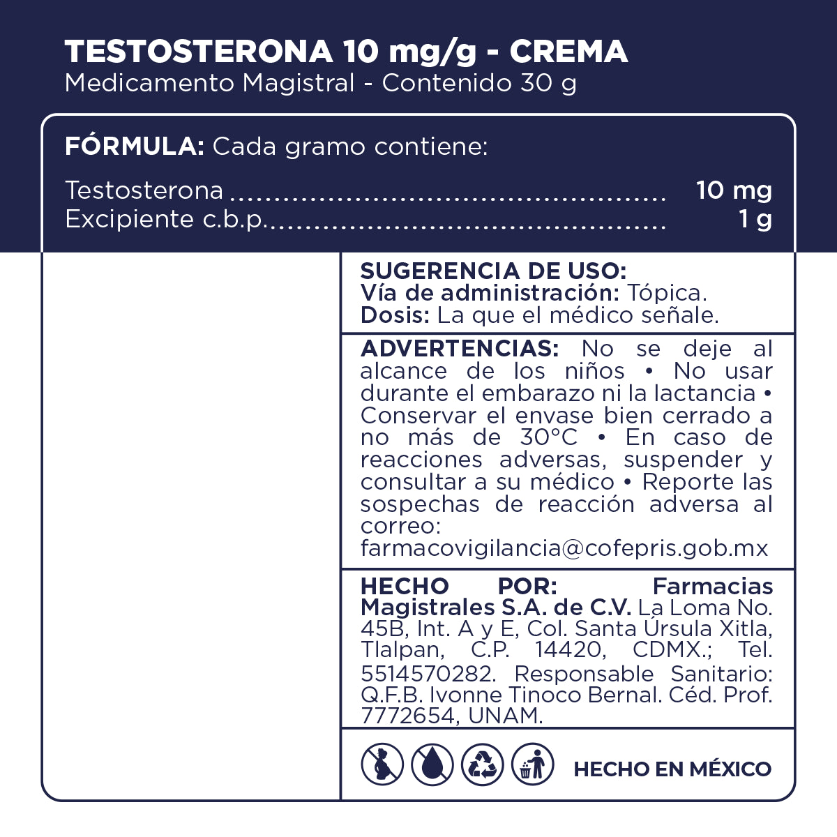 Testosterona Crema 10 mg/g – Medicamento Magistral – 30 g