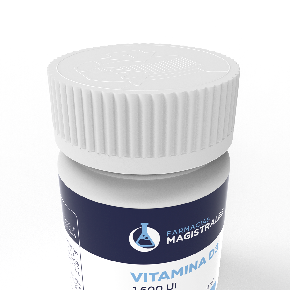 Detalle superior del envase Vitamina D3 1600 UI de Farmacias Magistrales con tapa farmacéutica de seguridad y diseño clínico premium
