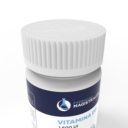 Detalle superior del envase Vitamina D3 1600 UI de Farmacias Magistrales con tapa farmacéutica de seguridad y diseño clínico premium