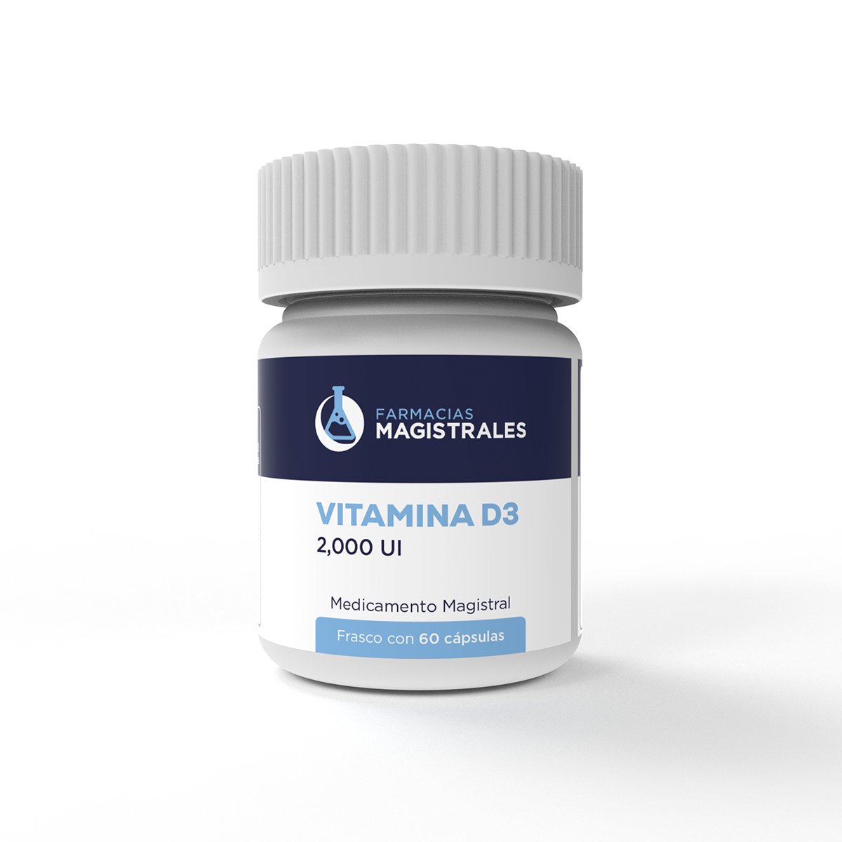Frasco de Vitamina D3 2000 UI de Farmacias Magistrales en presentación de 60 cápsulas para soporte inmunológico y salud ósea