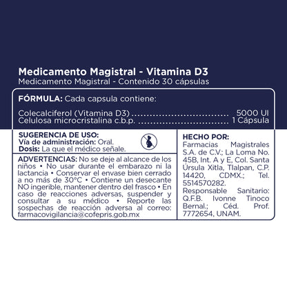 Fórmula, ingredientes, modo de uso y precauciones de Vitamina D3 5000 UI de Farmacias Magistrales fabricada en México.