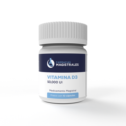 Frasco de Vitamina D3 50000 UI de Farmacias Magistrales en presentación de 10 cápsulas sobre fondo gris claro