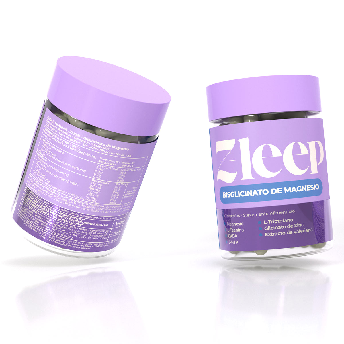 Zleep de Aurah Pharma con bisglicinato de magnesio en presentación de 90 cápsulas, vista frontal y posterior del suplemento.