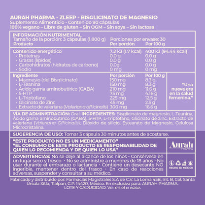 Fórmula, ingredientes, información nutricional, modo de uso y advertencias de Zleep Bisglicinato de Magnesio de Aurah Pharma.