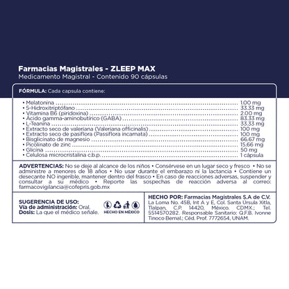Fórmula, modo de uso y precauciones de Zleep Max de Farmacias Magistrales fabricado en México.