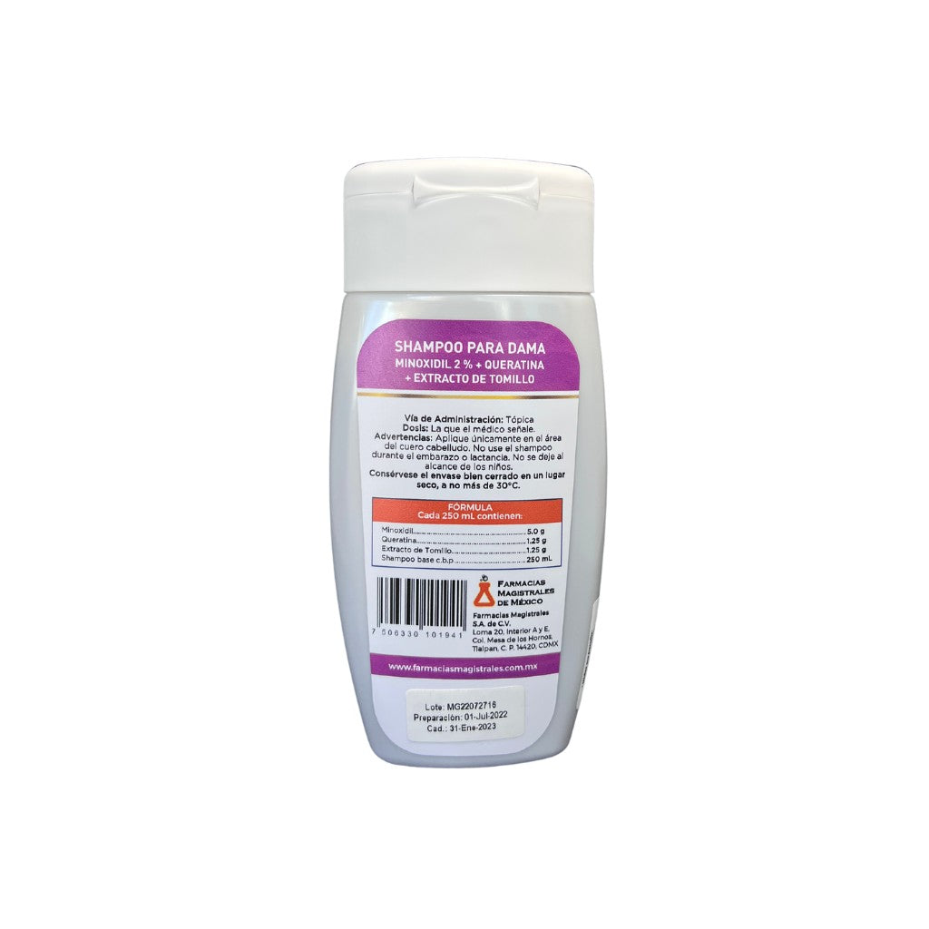 Shampoo Minoxidil 2% Dama, 250 mL.