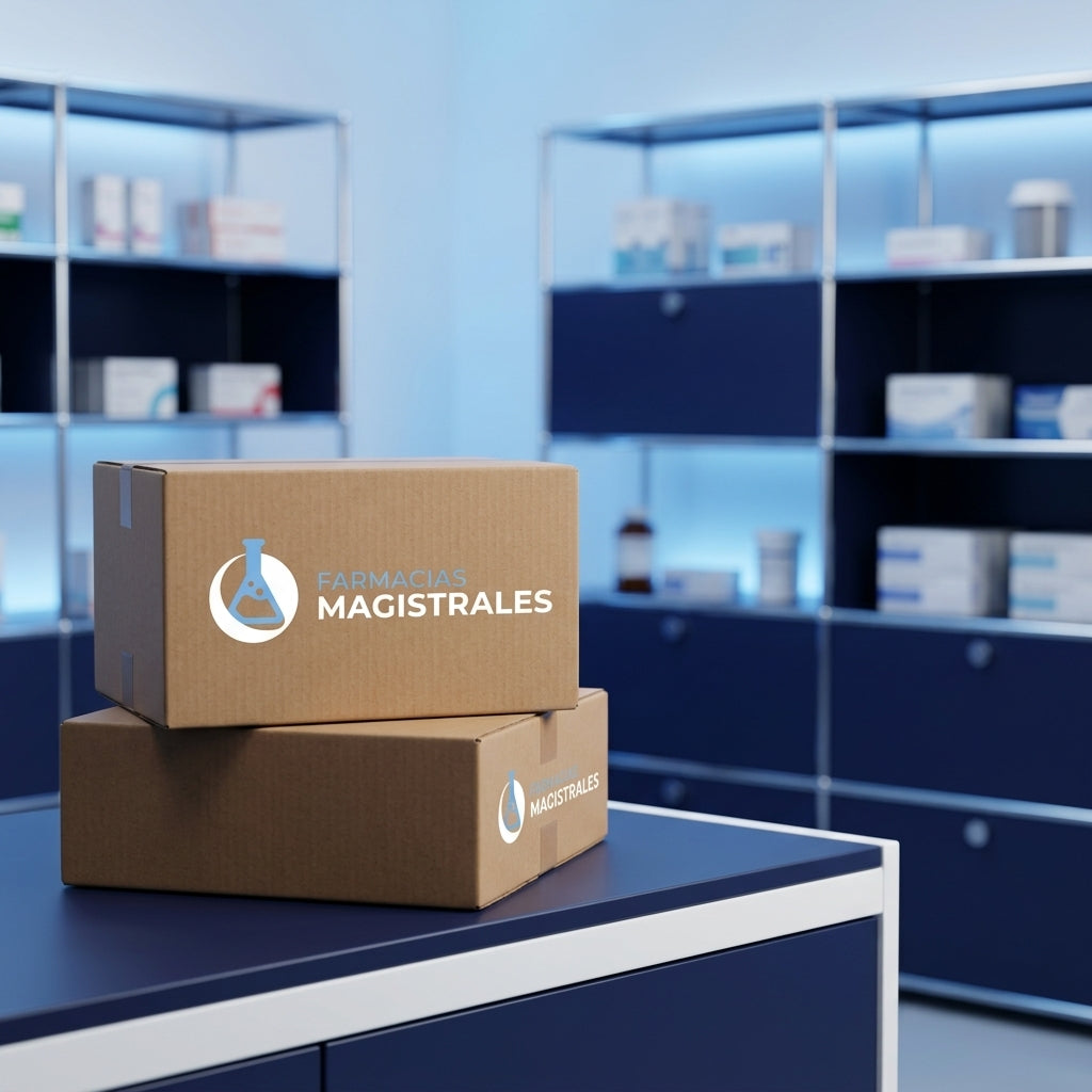 Cajas de distribución con logo de Farmacias Magistrales en entorno farmacéutico profesional