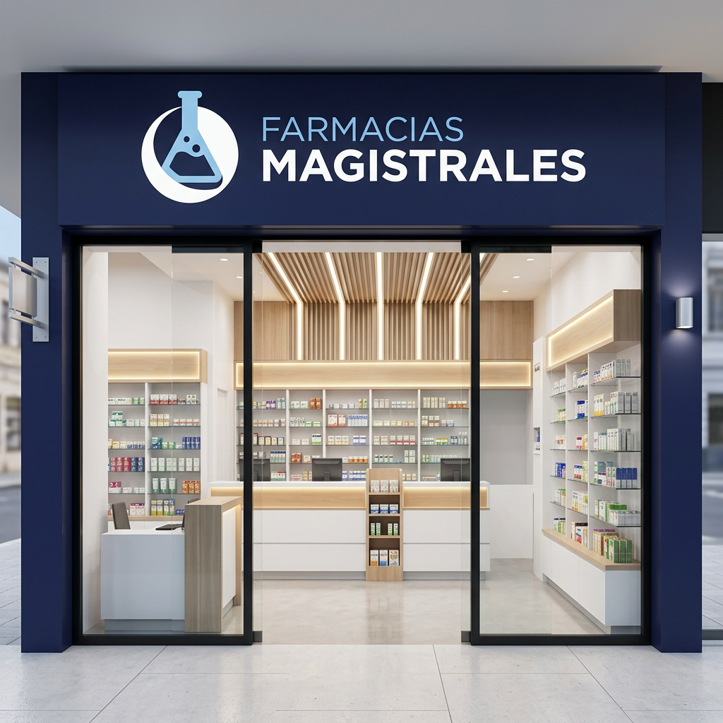 Fachada de botica Farmacias Magistrales con letrero iluminado e interior profesional