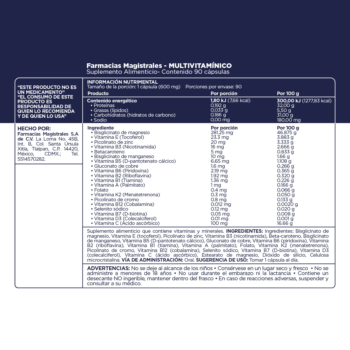 MULTIVITAMÍNICO con Vitaminas A, B, C, D3 y Zinc | 90 cápsulas | Farmacias Magistrales - Image 4