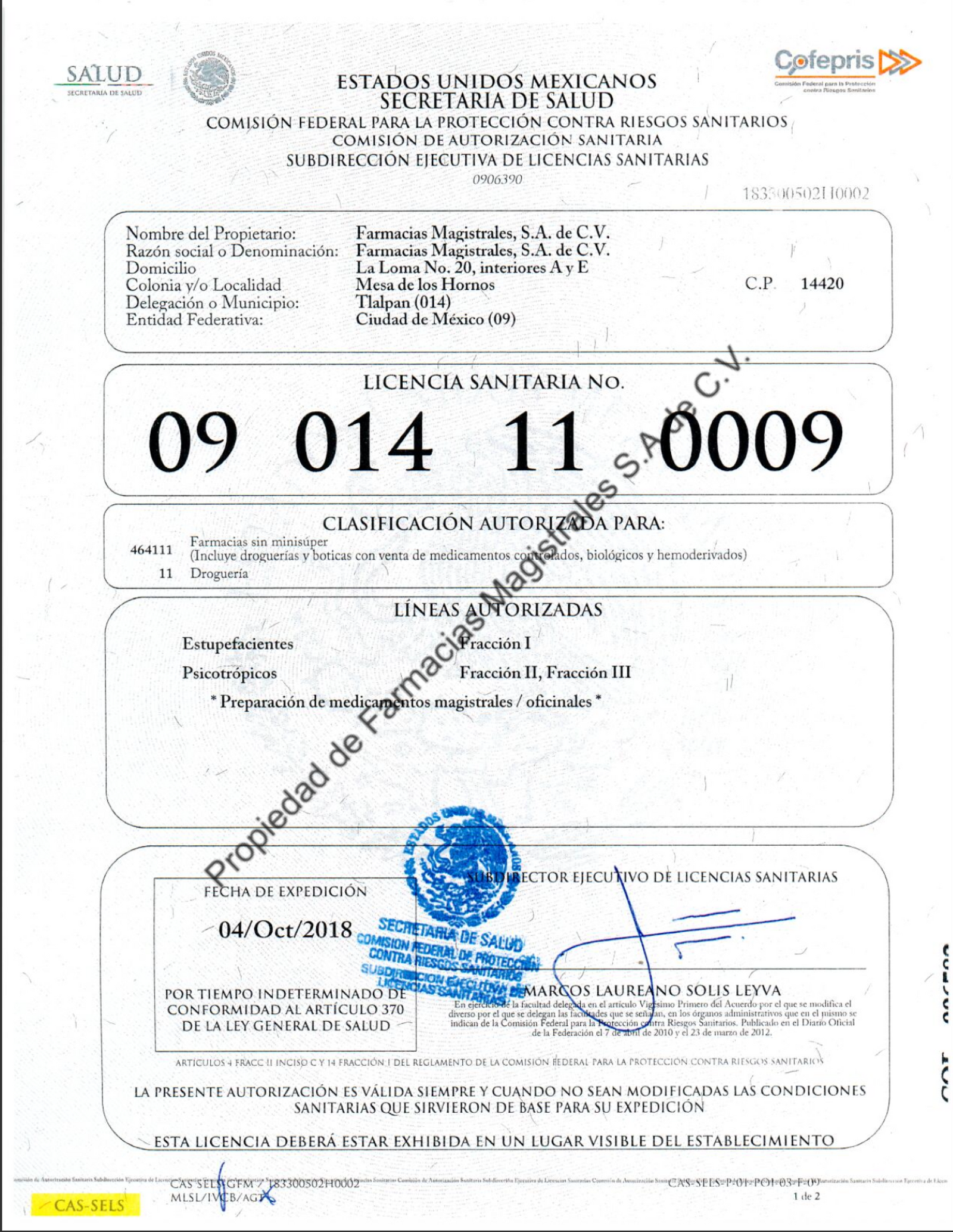 Licencia sanitaria COFEPRIS de Farmacias Magistrales número 09 014 11 0009