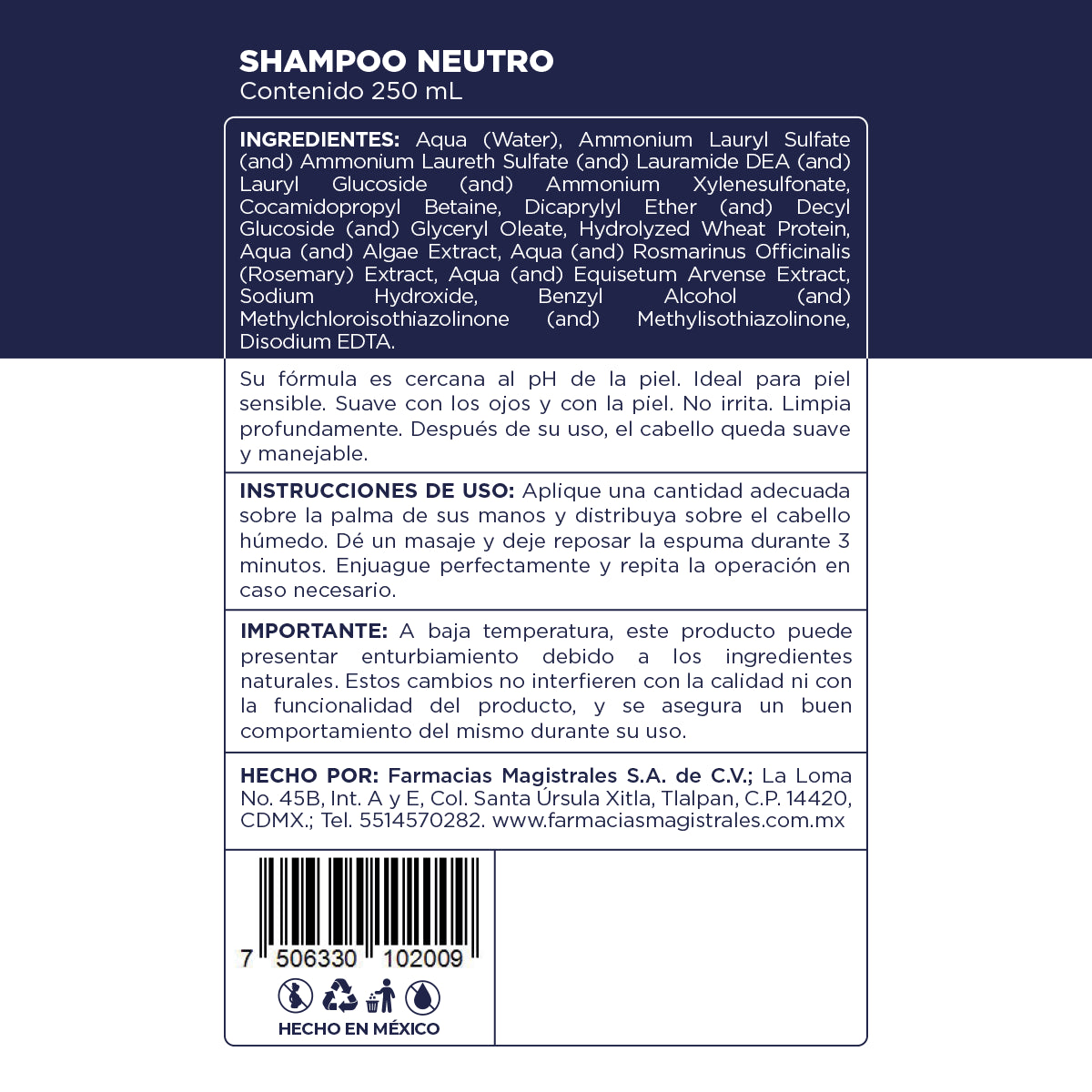 Shampoo Neutro 250 mL | sin Sales, Fragancia, Colorantes y Parabenos | Farmacias Magistrales - Image 4